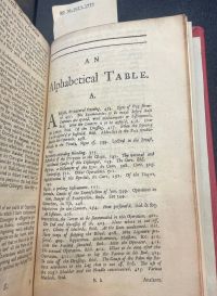 "An Alphabetical Table", the equivalent of an index, at the end of A Course of Chirurgical Operations, demonstrated in the Royal Garden at Paris by Monsieur Dionis ...; translated from the Paris edition