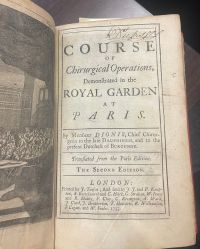 Title page for A Course of Chirurgical Operations, demonstrated in the Royal Garden at Paris by Monsieur Dionis ...; translated from the Paris edition at the Kislak Center of the University of Pennsylvania