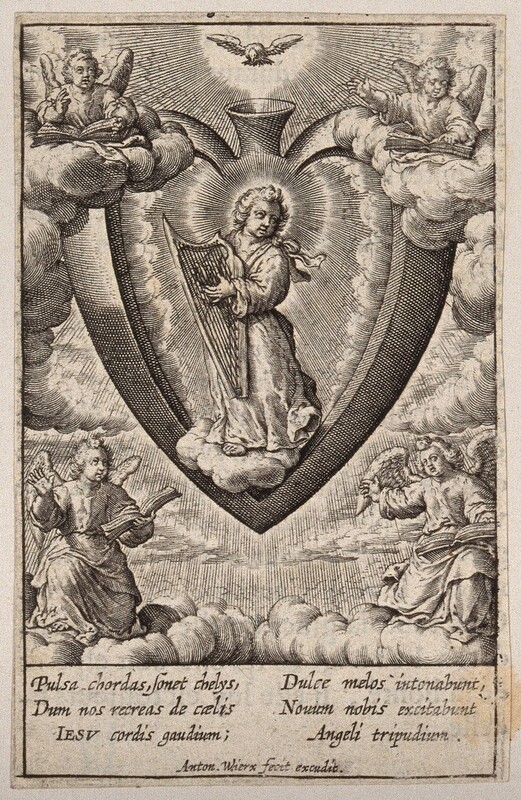 The Christ Child playing the harp in the believer&#039;s heart, which is surrounded by angels.