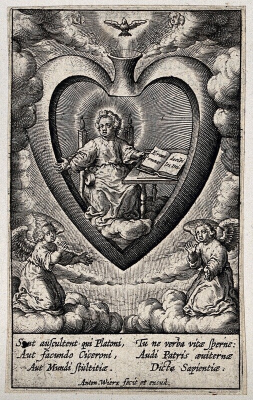 The Christ Child as a professor sitting at a desk in the believer&#039;s heart, lecturing to angels.