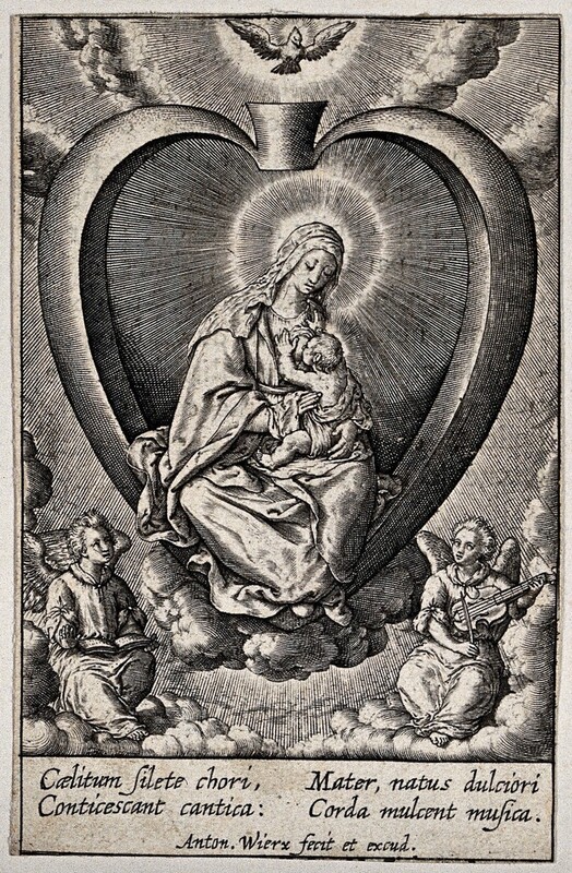 The Virgin suckling the Christ Child sitting in the believer&#039;s heart, accompanied by two angels singing and playing a string instrument.